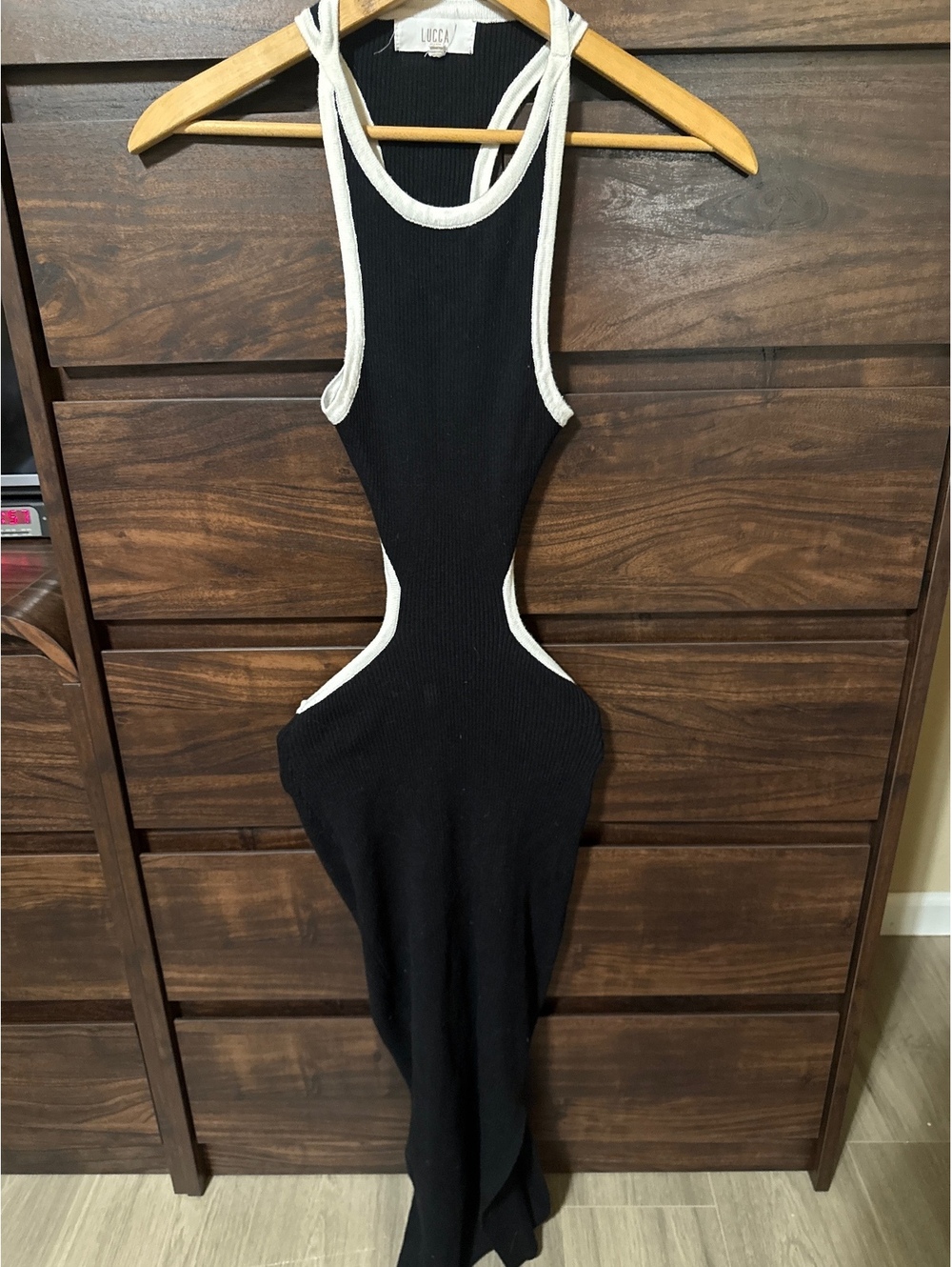 Lucca Black Cutout Bodycon Dress with White Trim Size Small